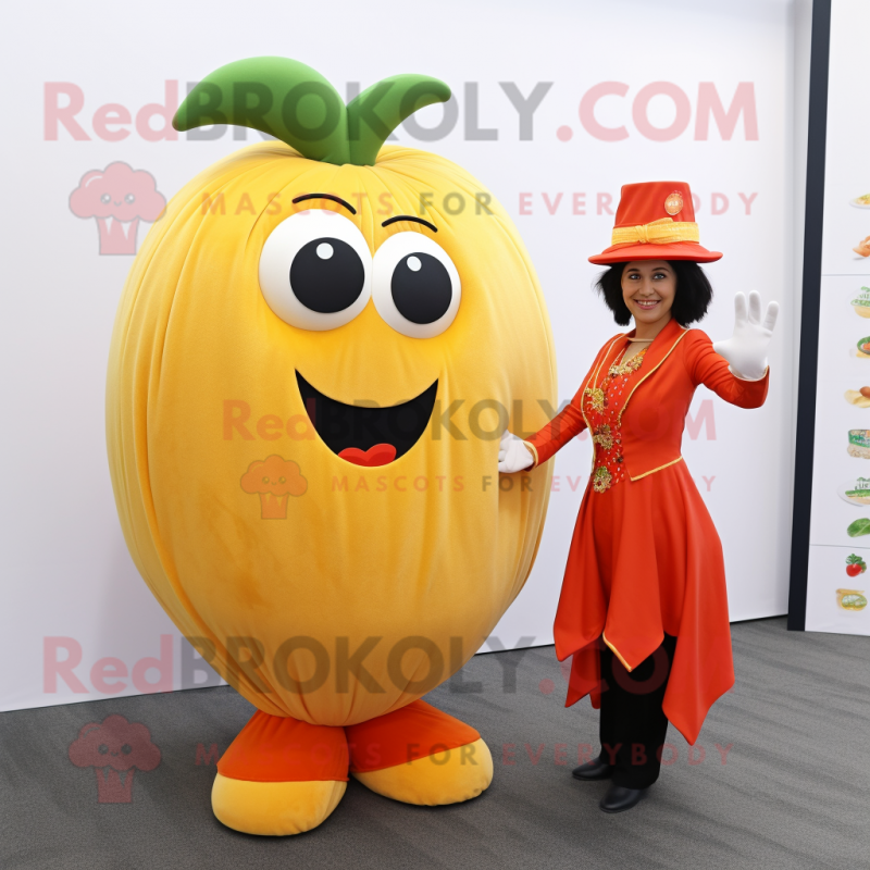 Gold Tomato mascot costume character dressed with a Maxi Skirt and Pocket squares Gold Tomato mascot costume character dressed with a Maxi Skirt and Pocket squares