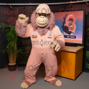 Peach Gorilla mascot costume character dressed with a Overalls and Hat pins