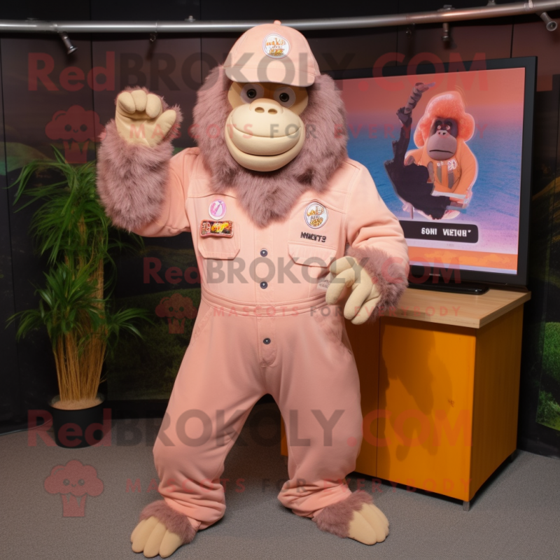 Peach Gorilla mascot costume character dressed with a Overalls and Hat pins Peach Gorilla mascot costume character dressed with a Overalls and Hat pins