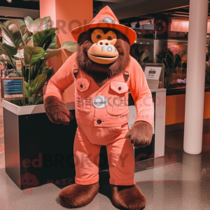 Peach Gorilla mascot costume character dressed with a Overalls and Hat pins