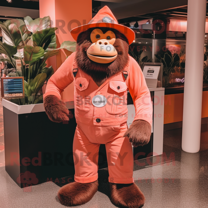 Peach Gorilla mascot costume character dressed with a Overalls and Hat pins Peach Gorilla mascot costume character dressed with a Overalls and Hat pins
