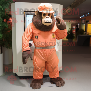 Peach Gorilla mascot costume character dressed with a Overalls and Hat pins