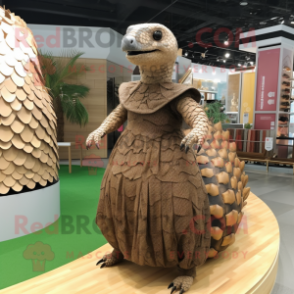 Brown Pangolin mascot costume character dressed with a Empire Waist Dress and Necklaces