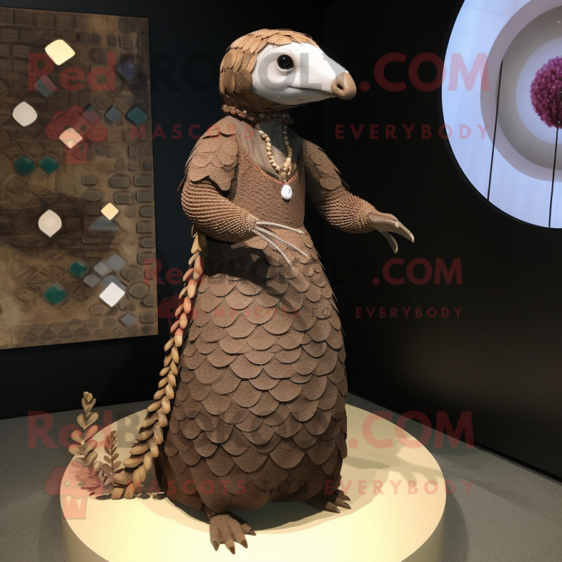 Brown Pangolin mascot costume character dressed with a Empire Waist Dress and Necklaces