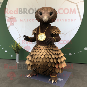 Brown Pangolin mascot costume character dressed with a Empire Waist Dress and Necklaces