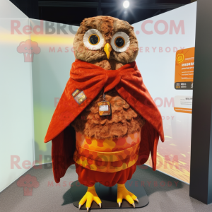 Rust Owl mascot costume character dressed with a Rash Guard and Shawl pins