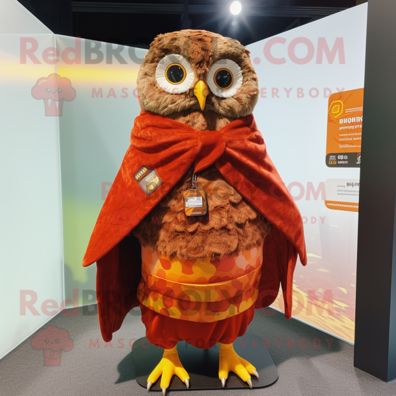 Rust Owl mascot costume character dressed with a Rash Guard and Shawl pins Rust Owl mascot costume character dressed with a Rash Guard and Shawl pins