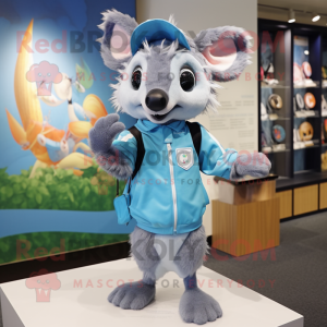 Sky Blue Aye-Aye mascot costume character dressed with a Windbreaker and Coin purses