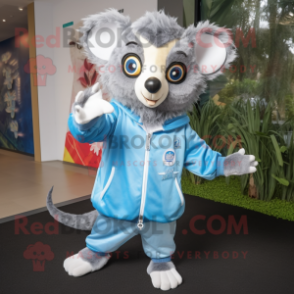 Sky Blue Aye-Aye mascot costume character dressed with a Windbreaker and Coin purses