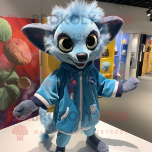 Sky Blue Aye-Aye mascot costume character dressed with a Windbreaker and Coin purses