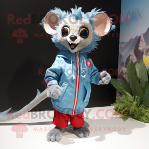 Sky Blue Aye-Aye mascot costume character dressed with a Windbreaker and Coin purses