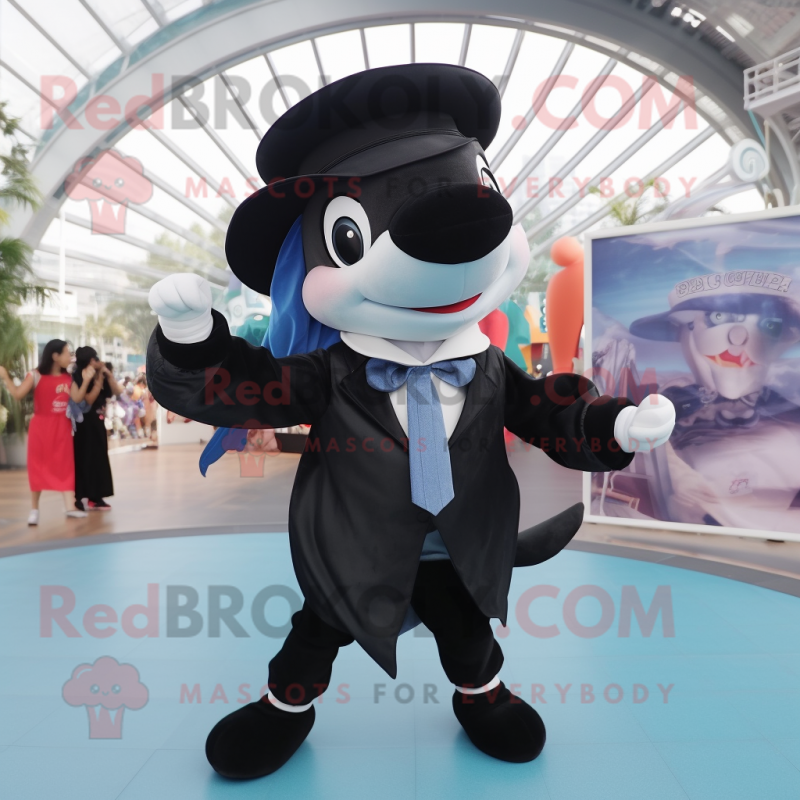 Black Killer Whale mascot costume character dressed with a Blouse and Berets