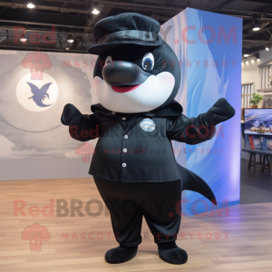 Black Killer Whale mascot costume character dressed with a Blouse and Berets