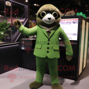 Green Sloth mascot costume character dressed with a Suit Pants and Mittens