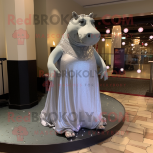 Silver Hippopotamus mascot costume character dressed with a Evening Gown and Foot pads