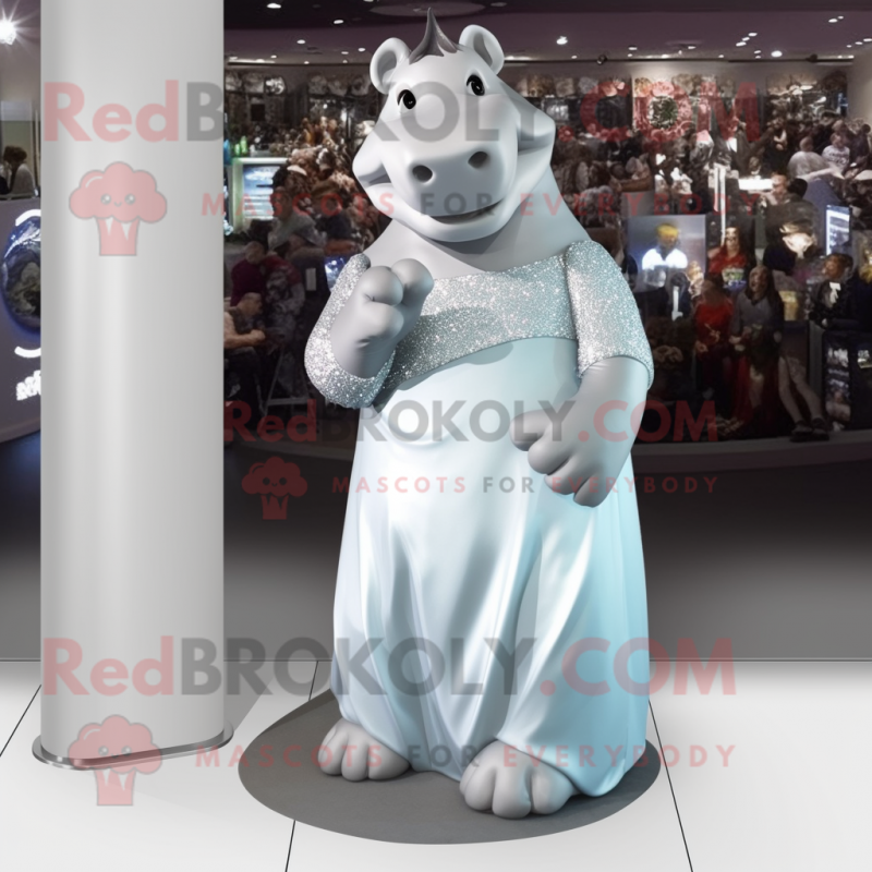 Silver Hippopotamus mascot costume character dressed with a Evening Gown and Foot pads Silver Hippopotamus mascot costume character dressed with a Evening Gown and Foot pads