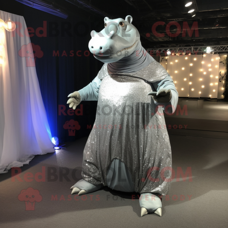 Silver Hippopotamus mascot costume character dressed with a Evening Gown and Foot pads