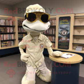 Cream Python mascot costume character dressed with a Oxford Shirt and Reading glasses