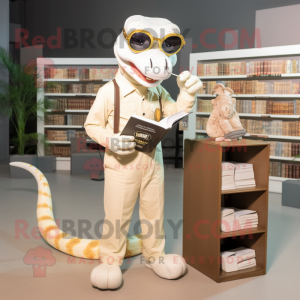 Cream Python mascot costume character dressed with a Oxford Shirt and Reading glasses