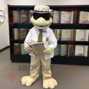 Cream Python mascot costume character dressed with a Oxford Shirt and Reading glasses