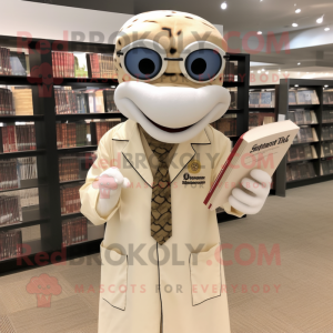 Cream Python mascot costume character dressed with a Oxford Shirt and Reading glasses