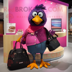 Magenta Blackbird mascot costume character dressed with a Mom Jeans and Handbags