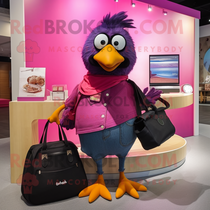 Magenta Blackbird mascot costume character dressed with a Mom Jeans and Handbags Magenta Blackbird mascot costume character dressed with a Mom Jeans and Handbags