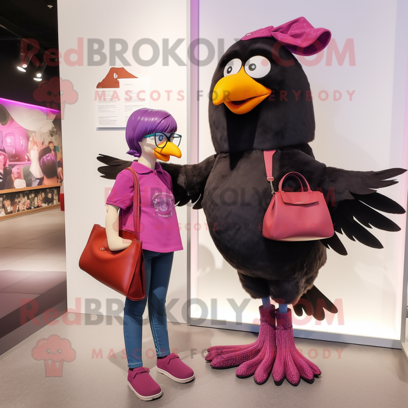 Magenta Blackbird mascot costume character dressed with a Mom Jeans and Handbags