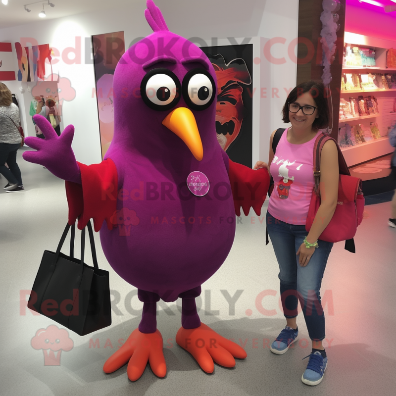 Magenta Blackbird mascot costume character dressed with a Mom Jeans and Handbags Magenta Blackbird mascot costume character dressed with a Mom Jeans and Handbags