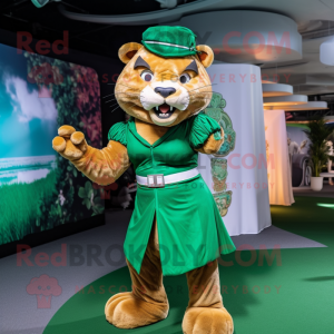 Green Saber-Toothed Tiger mascot costume character dressed with a Pleated Skirt and Berets