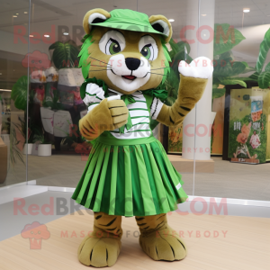 Green Saber-Toothed Tiger mascot costume character dressed with a Pleated Skirt and Berets