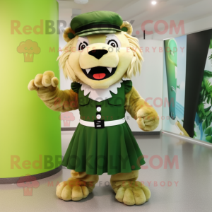 Green Saber-Toothed Tiger mascot costume character dressed with a Pleated Skirt and Berets