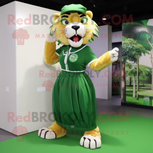 Green Saber-Toothed Tiger mascot costume character dressed with a Pleated Skirt and Berets