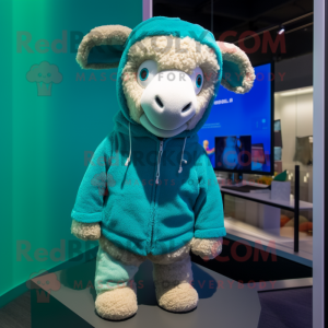 Teal Sheep mascot costume character dressed with a Hoodie and Bow ties