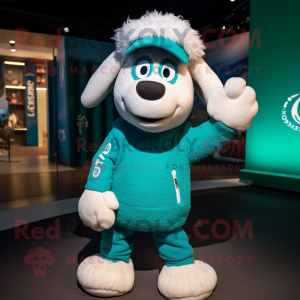 Teal Sheep mascot costume character dressed with a Hoodie and Bow ties