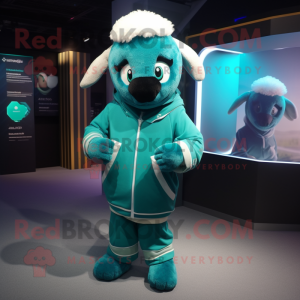 Teal Sheep mascot costume character dressed with a Hoodie and Bow ties