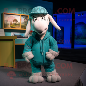 Teal Sheep mascot costume character dressed with a Hoodie and Bow ties