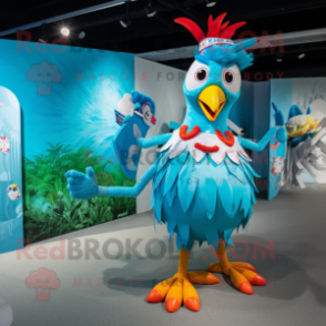 Cyan Roosters mascot costume character dressed with a Bikini and Clutch bags