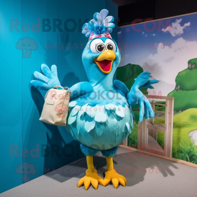 Cyan Roosters mascot costume character dressed with a Bikini and Clutch bags