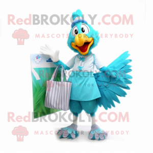 Cyan Roosters mascot costume character dressed with a Bikini and Clutch bags