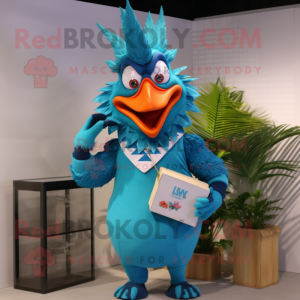Cyan Roosters mascot costume character dressed with a Bikini and Clutch bags