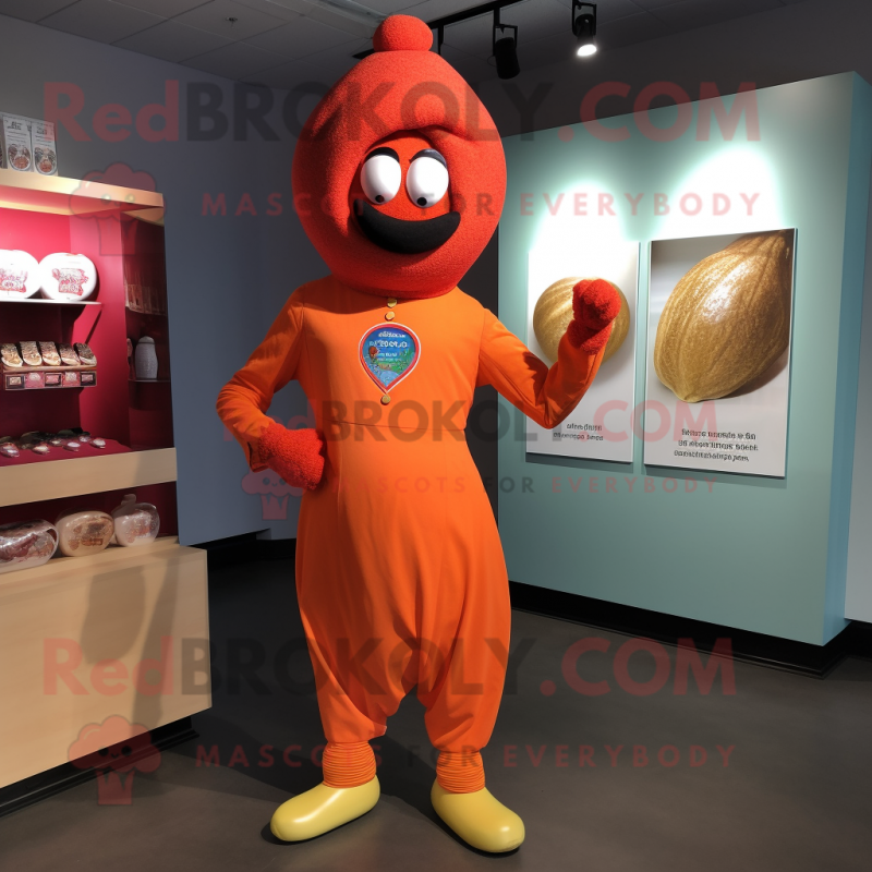 Peach Tikka Masala mascot costume character dressed with a Capri Pants and Cufflinks Peach Tikka Masala mascot costume character dressed with a Capri Pants and Cufflinks