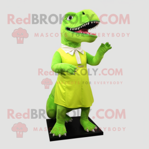 Lime Green Tyrannosaurus mascot costume character dressed with a Pleated Skirt and Bracelets