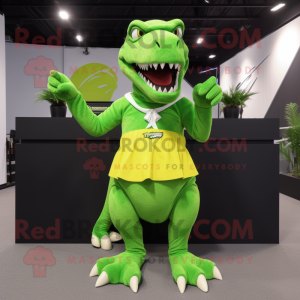 Lime Green Tyrannosaurus mascot costume character dressed with a Pleated Skirt and Bracelets