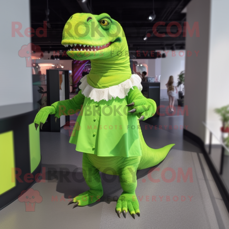 Lime Green Tyrannosaurus mascot costume character dressed with a Pleated Skirt and Bracelets