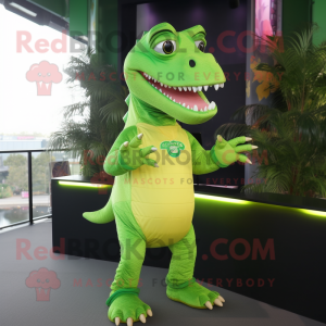 Lime Green Tyrannosaurus mascot costume character dressed with a Pleated Skirt and Bracelets