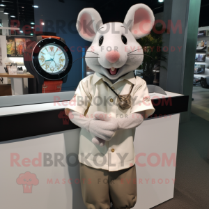 Beige Rat mascot costume character dressed with a Poplin Shirt and Bracelet watches