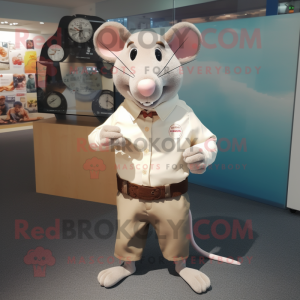 Beige Rat mascot costume character dressed with a Poplin Shirt and Bracelet watches