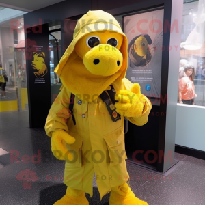 Yellow Marine Recon mascot costume character dressed with a Raincoat and Scarves