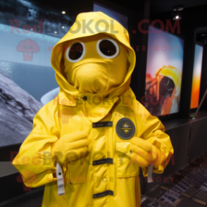 Yellow Marine Recon mascot costume character dressed with a Raincoat and Scarves